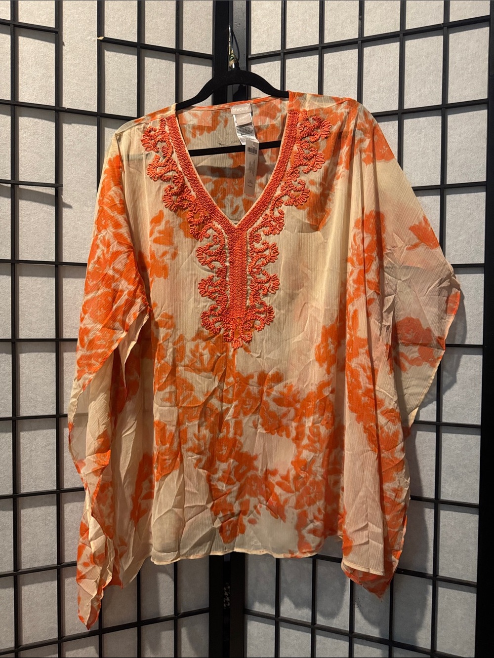 Chico's Orange and Cream Floral V-Neck Top